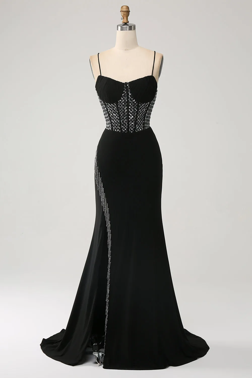 Gorgeous Black Mermaid Spaghetti Straps Strapless Sequin Prom Dresses with Slit Sexy Evening Dresses