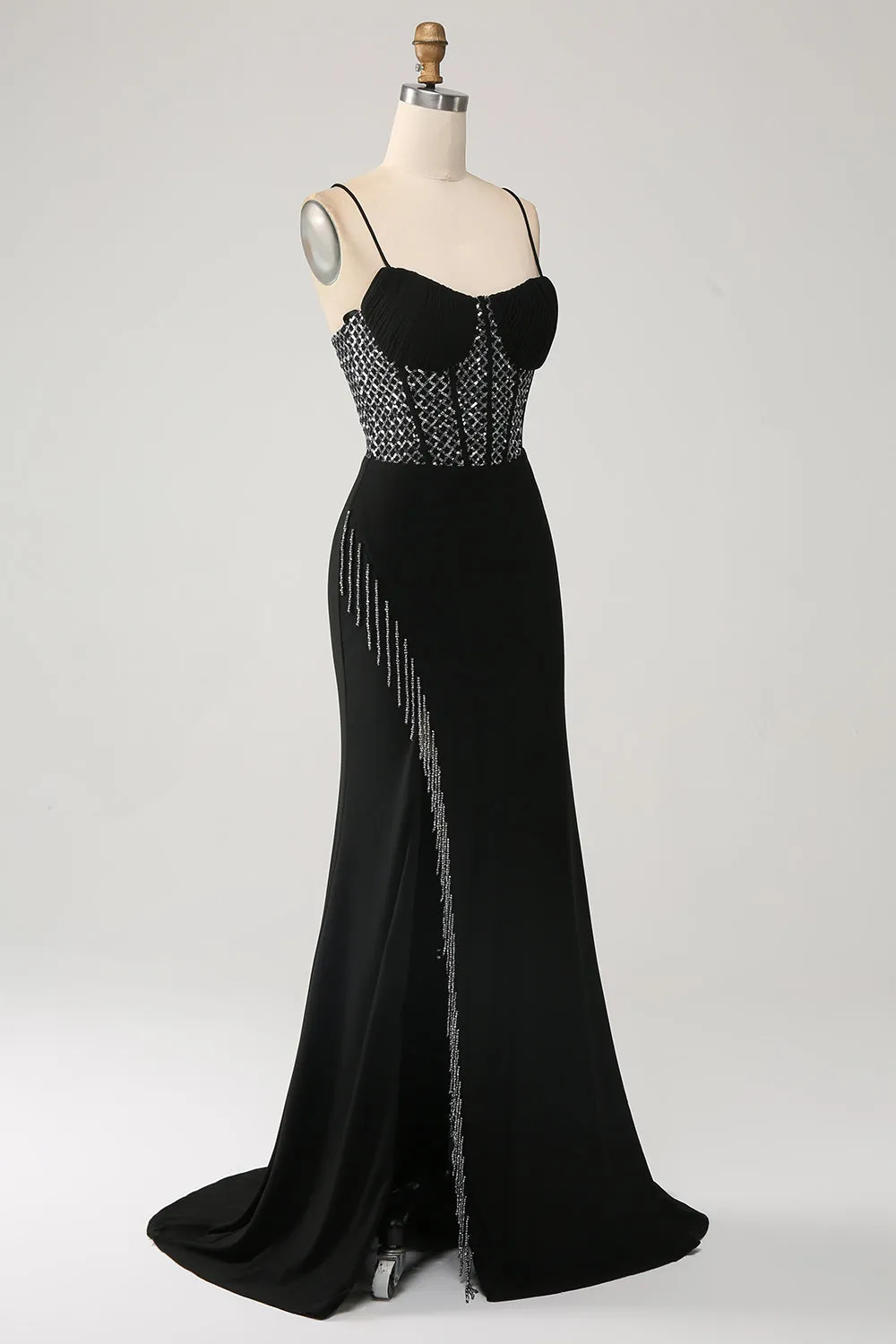 Gorgeous Black Mermaid Spaghetti Straps Strapless Sequin Prom Dresses with Slit Sexy Evening Dresses