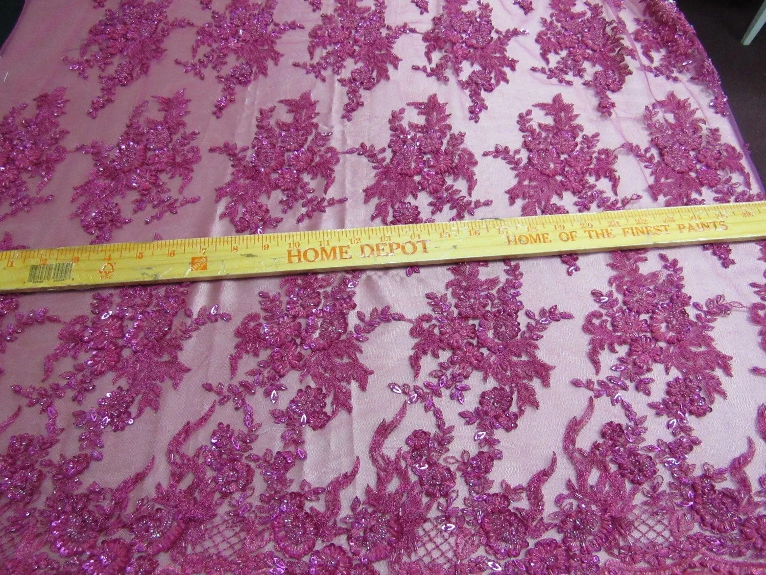 Gorgeous fuchsia/magenta French floral  design embroider and beaded on a mesh lace. Wedding/Bridal/Prom/Nightgown fabric-sold by yard.