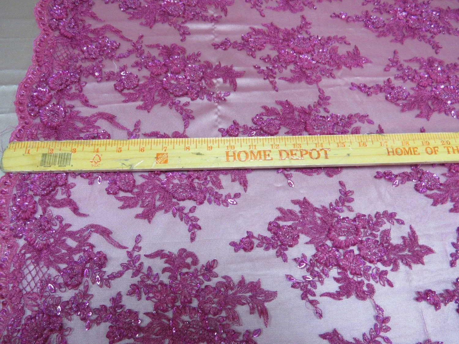 Gorgeous fuchsia/magenta French floral  design embroider and beaded on a mesh lace. Wedding/Bridal/Prom/Nightgown fabric-sold by yard.