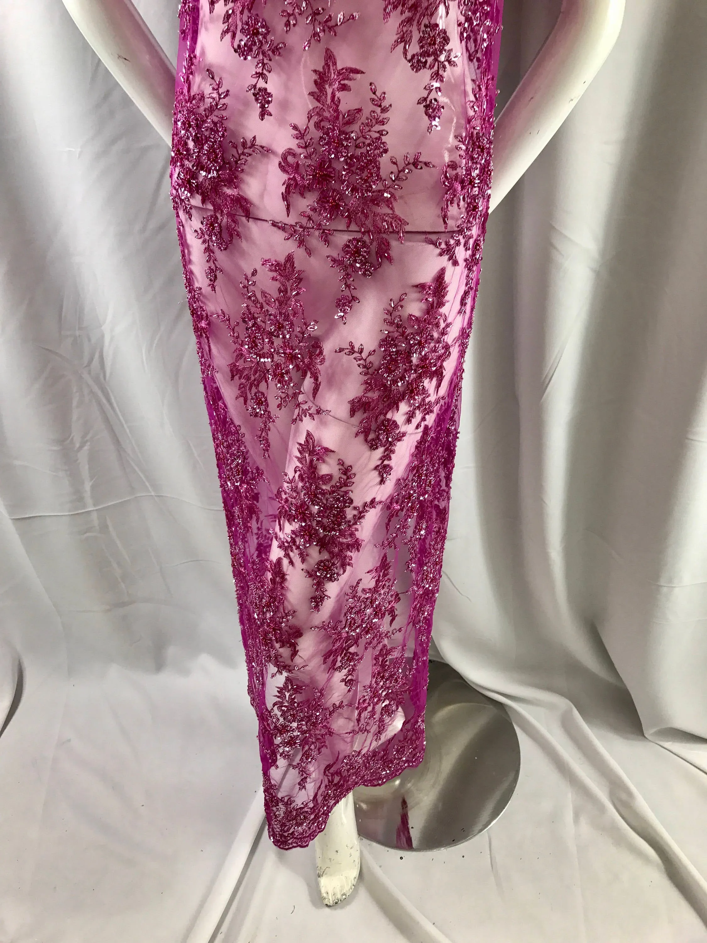 Gorgeous fuchsia/magenta French floral  design embroider and beaded on a mesh lace. Wedding/Bridal/Prom/Nightgown fabric-sold by yard.