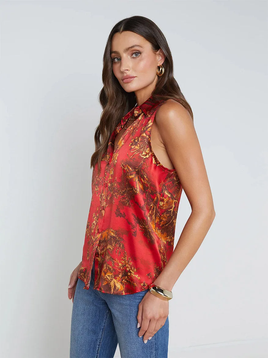 L'Agence Emmy Sleeveless Blouse in High Risk Red Multi Jungle Toile