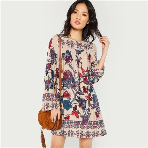 SHEIN Multicolor Lace Eyelet Flower Print Dress