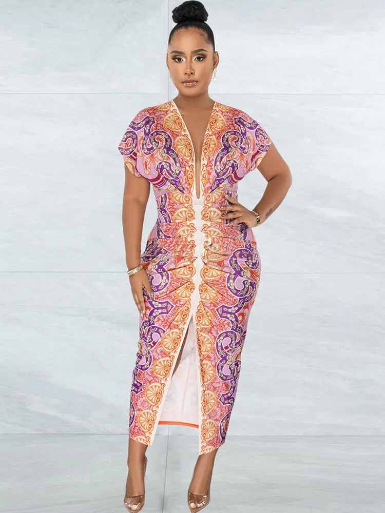 Sleeveless Floral Print Ruched Bodycon Long Tops