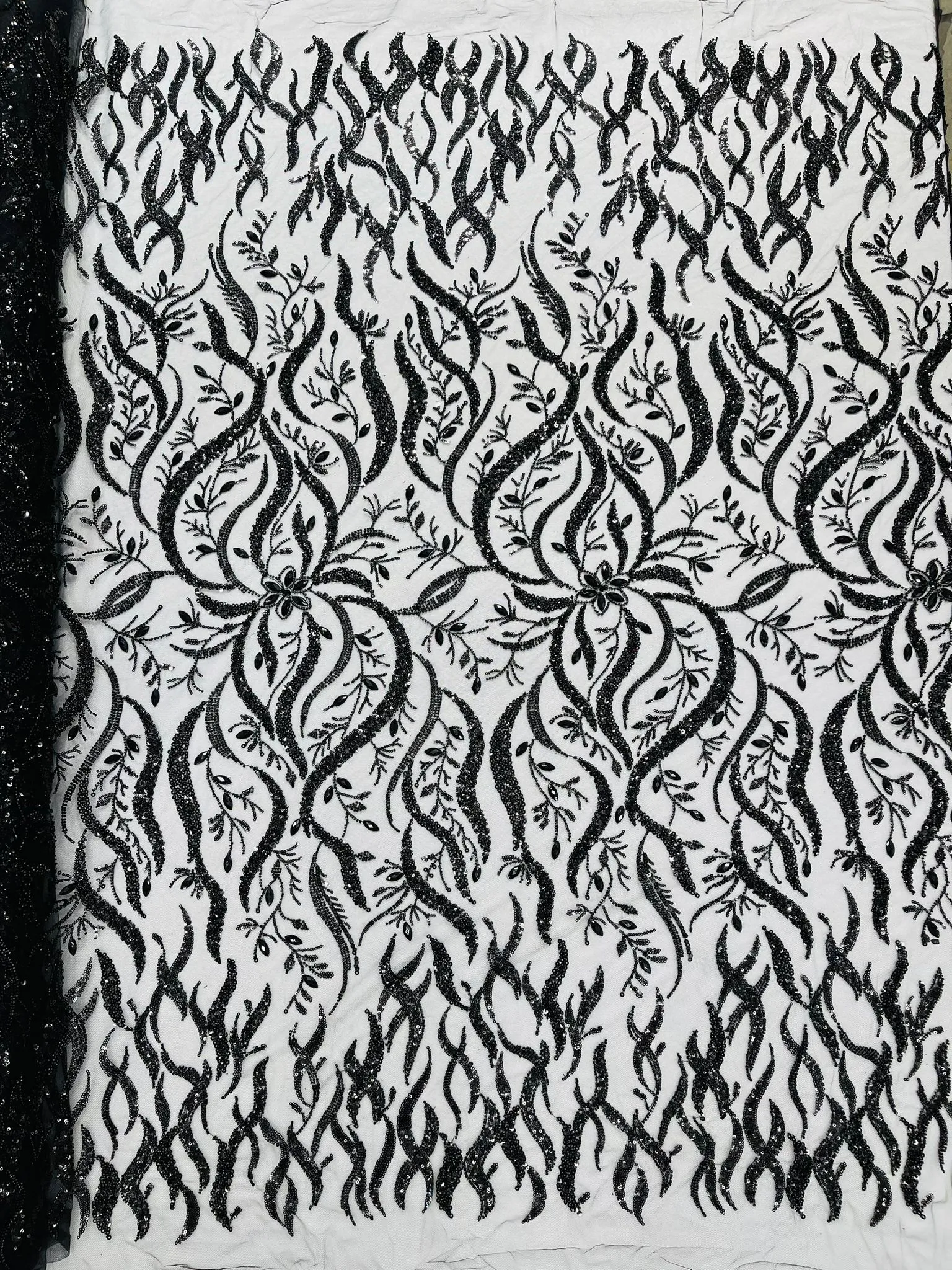 Vine Design Embroider And Heavy Beading/Sequins On A Mesh Lace Fabric/Wedding Lace/Costplay.