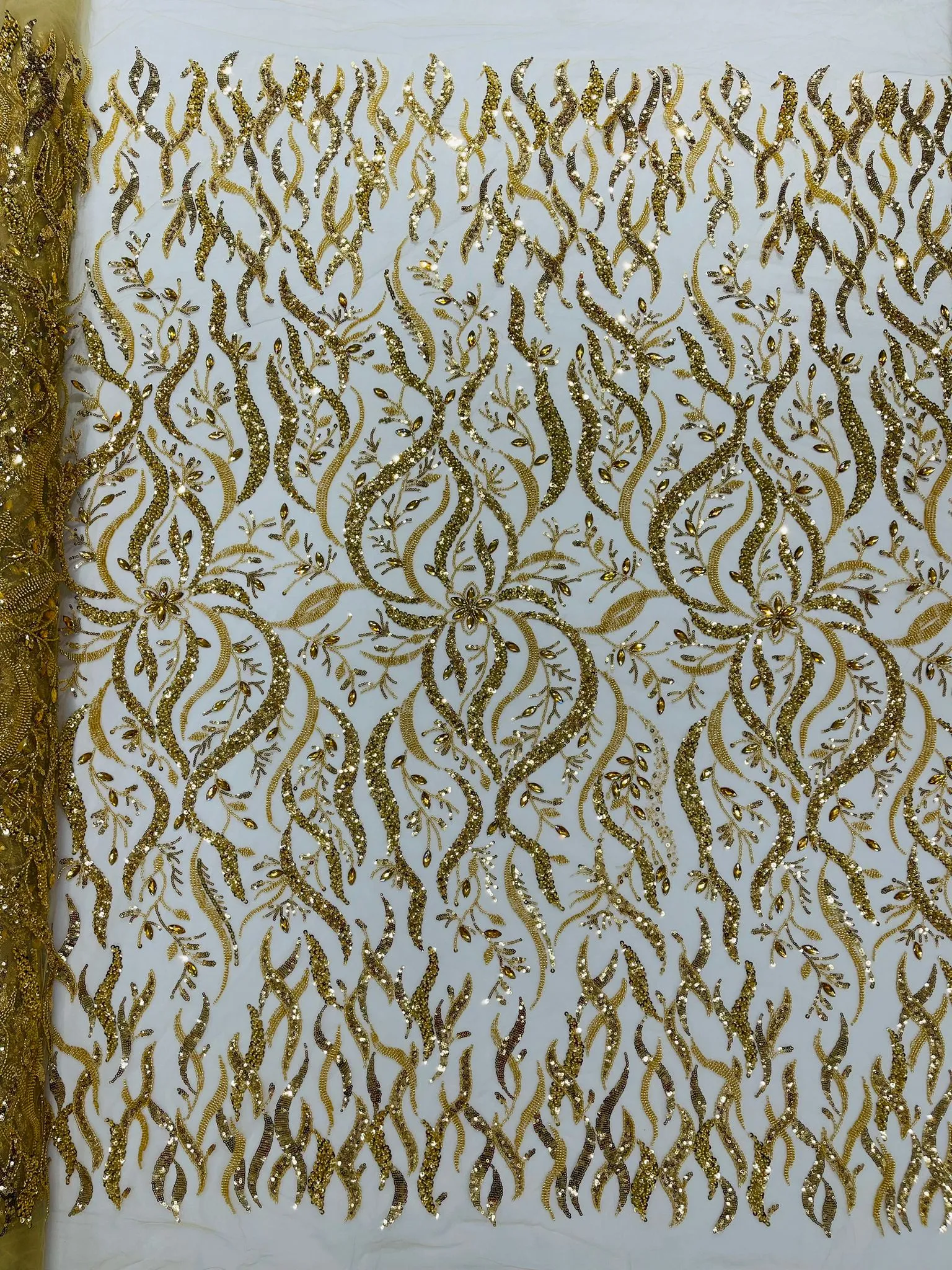 Vine Design Embroider And Heavy Beading/Sequins On A Mesh Lace Fabric/Wedding Lace/Costplay.
