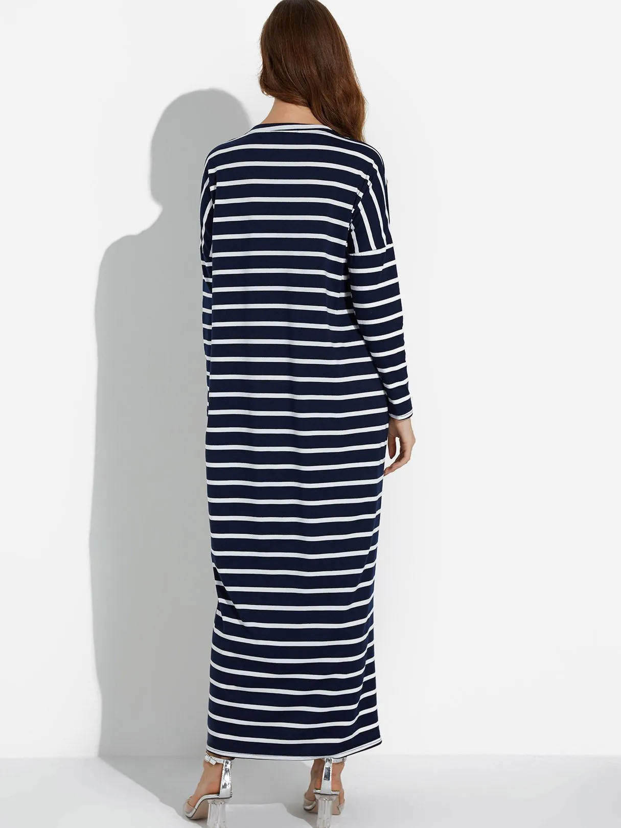 Wholesale Black Round Neck Long Sleeve Stripe Maxi Dress