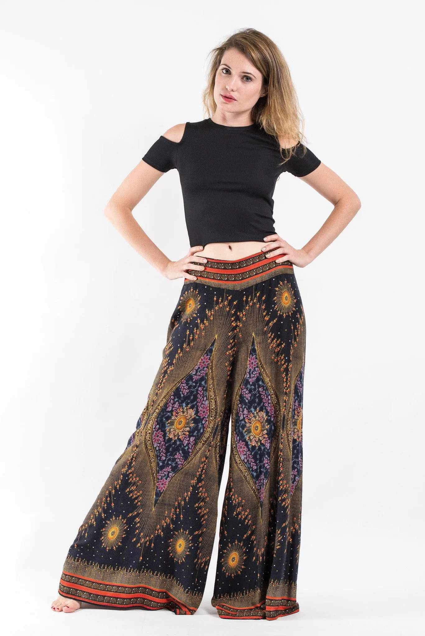 Womens Peacock Eyes Palazzo Pants in Black
